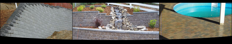 examples of custom retaining walls, stone stairs, driveways, pool patios etc.